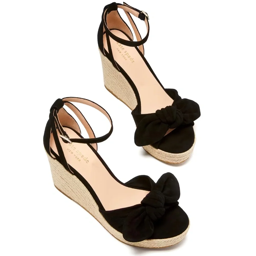 Kate Spade Tianna Black Suede Espadrille High Wedge Platform Sandals Pumps 9.5
